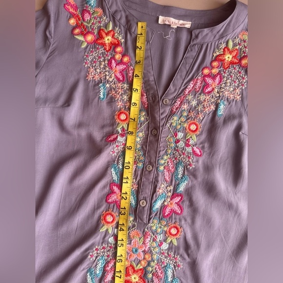 Solitaire Dove Tea Time Garden Tunic top dress gray embroidery colorful size L - Picture 10 of 16